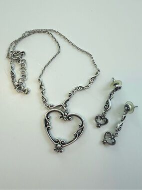 Brighton Silver Ornate Heart Pendant Necklace and Drop Earrings